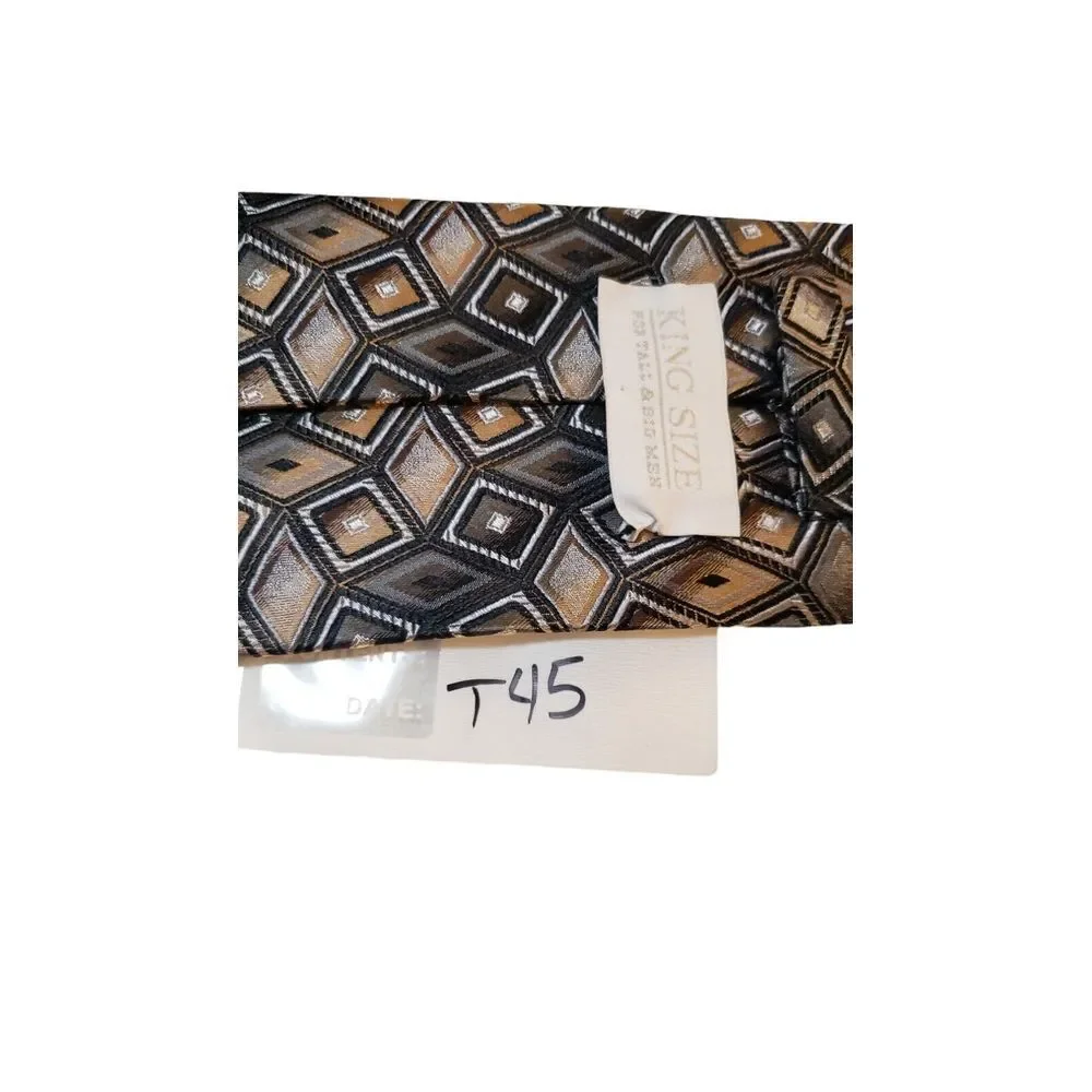 King‎ Size Mens 100% Silk Tie Tan Black Geometric Men Necktie Long 62 x 4